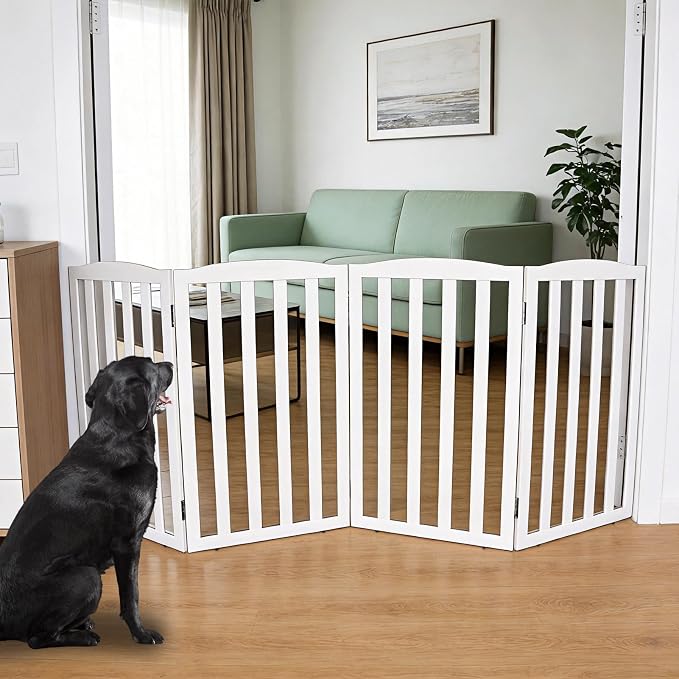 Freestanding Dog Gate Indoor,Doggie Gate Foldable Pet Gates for Doorways,Stairs or Hallways, Wooden White Pet Gate for the House, Pet Fence,32 "Height-4 Panels