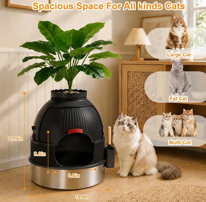 Gimars Hidden Litter Box with Faux Plant, Stainless Steel Litter Box Enclosure, 18.9" L x 18.9" W x 21.7" H Decorative Cat Litter Box Furniture, Odor Control, Easy to Clean