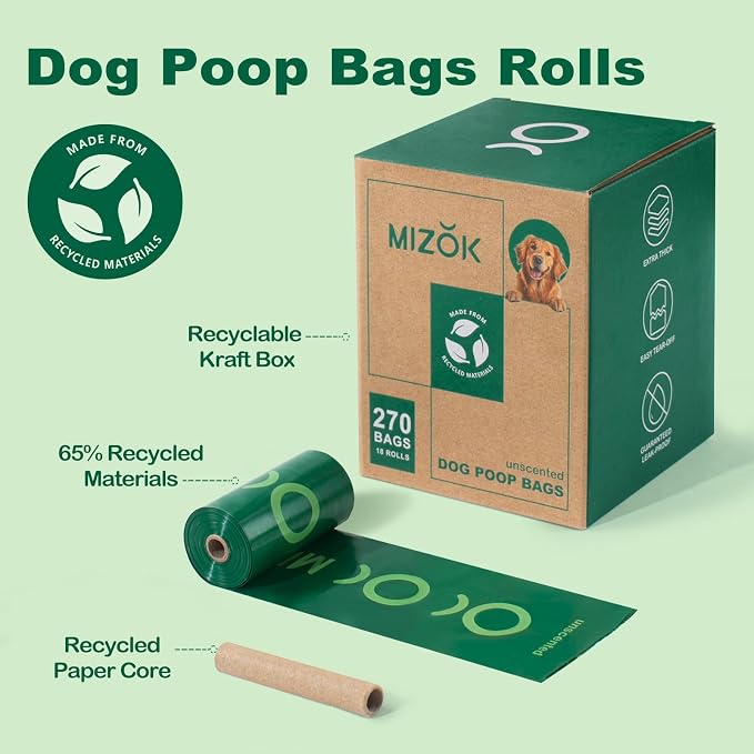 MIZOK Dog Poop Bags Rolls 270 Count & Pee Pads for Dogs 40 Counts - Large 28x34 Inches, 65% Recycled Material Poop Bags for Dogs, Leakproof, Extra Thick Durable, Charcoal Puppy Pads, Super Absorbent