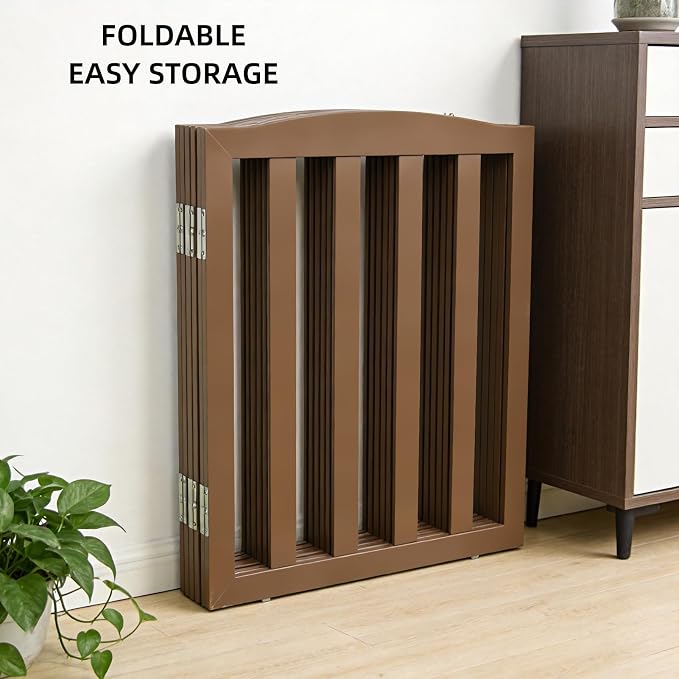 ZJSF Foldable Freestanding Indoor Dog Gate for House Wood Long Pet Gates Dog Fence for Stairs Puppy Gates for Hallways, Puppy Gate,Support Feet Included, Brown, 24 "Height-3 Panels