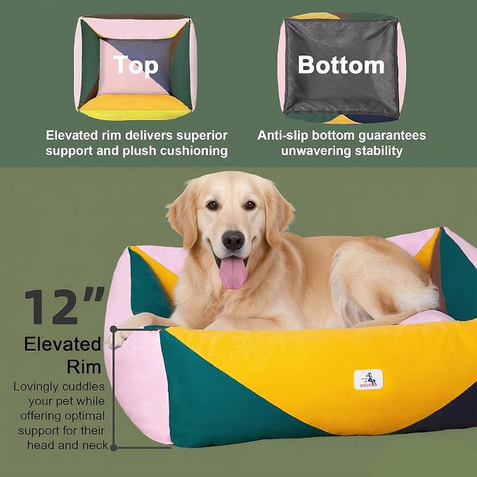 Cotton Canvas Dog Bed, Dog Beds Large Sized Dog, Orthopedic Bed with Washable Removable Cover Durable 290 GSM Cotton Anti-chewing Pet Bed with Anti-Slip Bottom (38"x30"x12", Pink&Yellow&Green)