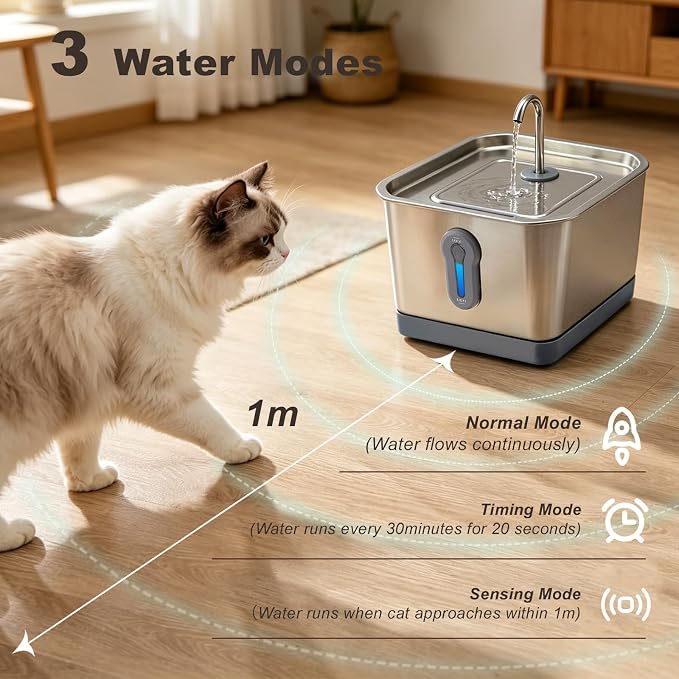 Cat Fountain Stainless Steel, 135oz/4L Pet Water Dispenser with App Monitoring, 4000mAh Operated Water Dispenser for Cats & Dogs,Ultra Quiet, LED Water Level Window Cat Fountain (2 Filter& 3 Sponge)