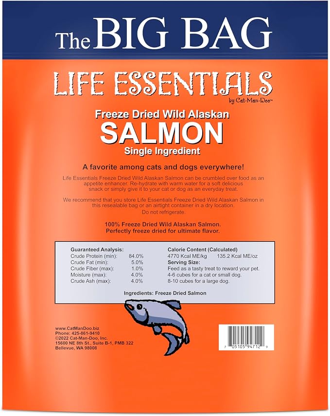 Life Essentials by Cat-Man-Doo | Salmon - 16oz. Bag | Freeze Dried Salmon Cat & Dog Treats | Healthy, Single Ingredient, Training Treats, High Protein