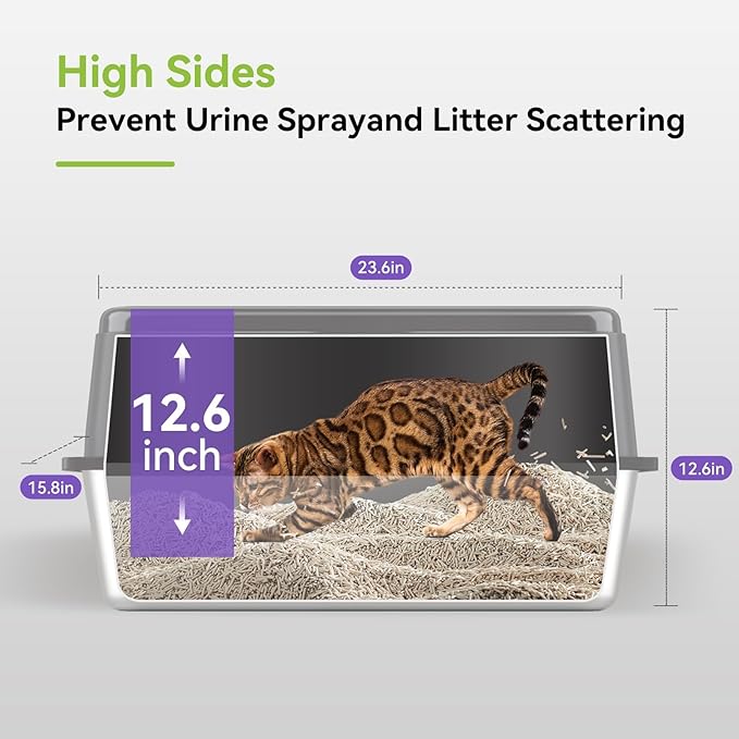 Stainless Steel XL Cat Litter Box for Cats, High-Sided Design Prevents Urine Leakage, Non-Stick, Easy to Clean, Includes Scoop, Black