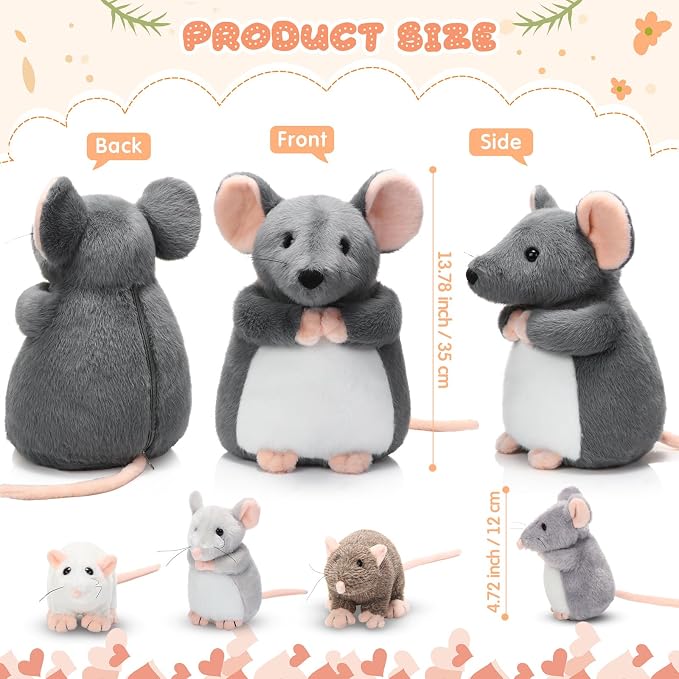 Arrowbash 5 Pcs Mouse Stuffed Animals Set - 14'' Large Mommy Rat Plush with 4 Small Mouse Babies in Zippered Tummy Stuffed Rat Plush Toys for Kids Girls Boys Valentine Birthday Gift(Fluffy Style)