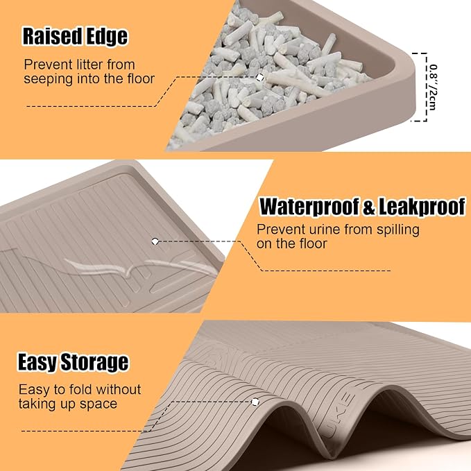 Silicone Cat Litter Mat, 50" x 36" Extra Large Litter Trapping Mat for Litter Box, Leak-Proof, Non-Slip, Kitty Litter Mats with Soft Texture for Floor, Keeping The Floor Clean (Khaki)