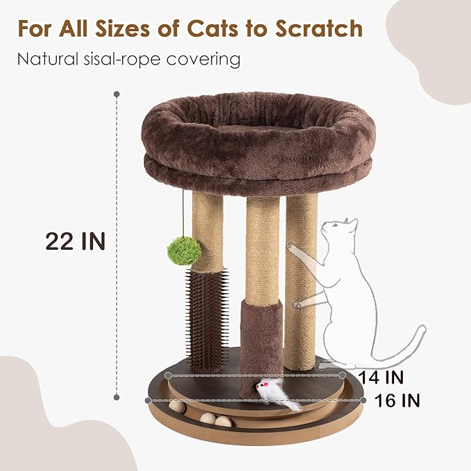 22 Inch Heavy-Duty Cat Scratching Post with Cozy Plush Bed, 3 Sisal Scratching Posts, Interactive Cat Scratcher with Grooming Brush, Hanging Pom-Pom, Track Balls & Mouse Toy for Indoor Cats