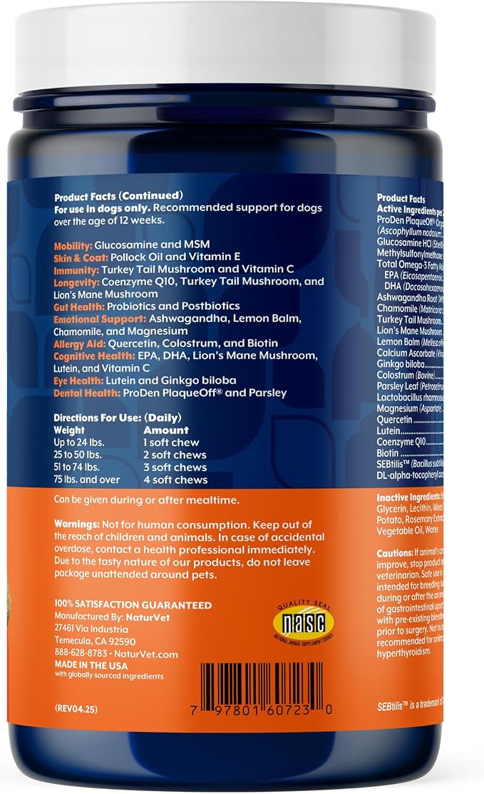 NaturVet All-in-One Adult Dog Daily Care, 10-in-1 Supplement Dog Soft Chews for Mobility, Skin, Digestion, Teeth, Cognition, Eyes, Hickory Smoked Bacon Flavored Pet Supplement for Dogs, 60 Count