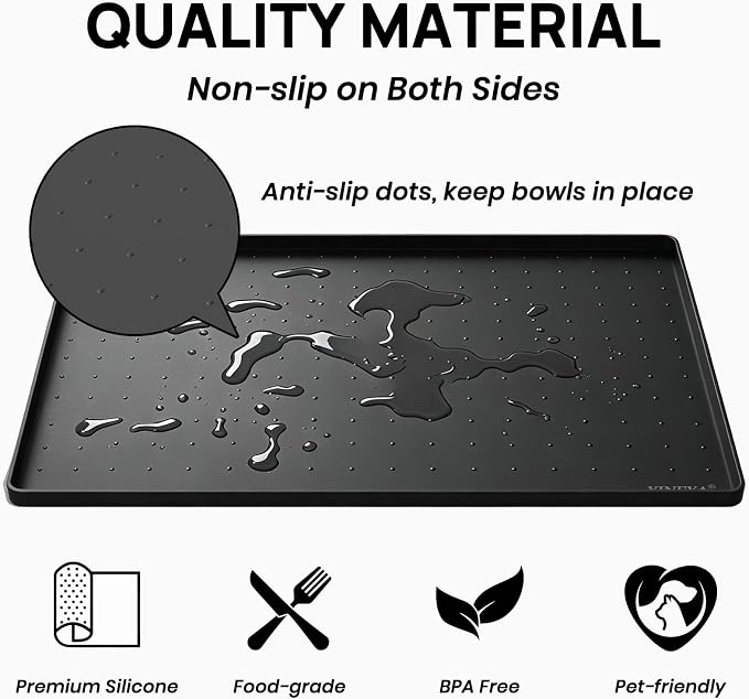 YINEYA Silicone Dog & Cat Food Mat Waterproof 22" x 14", Raised Edge Dog Bowl Mat for Food and Water, BPA-Free Non-Slip Pet Feeding Mats for Floors, Multifunctional Silicone Mat (Black)