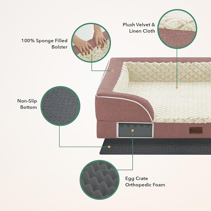 Orthopedic Dog Beds for Extra Large Sized Dogs 53x42 Inch, XXL Waterproof Egg Crate Foam Dog Sofa Bed with Removable Washable Cover Big Pet Couch with Bolster & Non-Slip Bottom, Pink