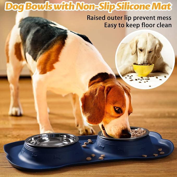 Hubulk Pet Dog Bowls 2 Stainless Steel Dog Bowl with No Spill Non-Skid Silicone Mat + Pet Food Scoop Water and Food Feeder Bowls for Feeding Small Medium Large Dogs Cats Puppies (Medium, Navy Blue)