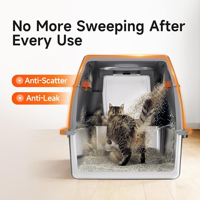 Extra Large Stainless Steel Litter Box with Lid, High Sided Enclosed Metal Cat Litter Pan, Dog Proof Front Entry Top Exit, Odor Control Easy Clean Leak Proof, Includes Scoop & Step, Grey
