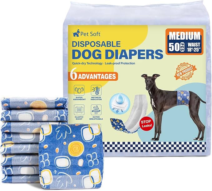 Pet Soft Male Dog Diapers - Disposable Male Dog Wraps with Wetness Indicator, Puppy Diapers for Pets Excitable Urination or Incontinence, 50pcs Medium