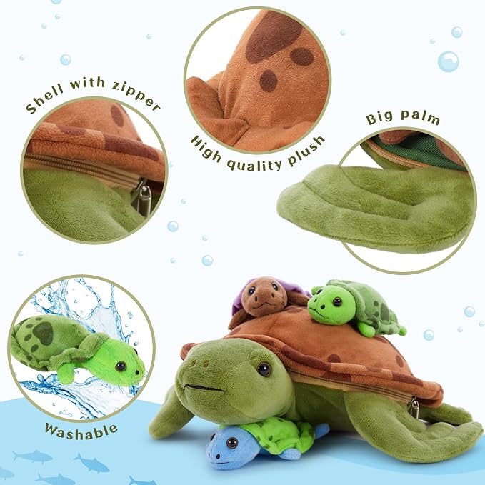 Muiteiur 4 Pcs Sea Turtle Stuffed Animals with Babies Inside, Soft 12.6 Inch Turtle Plush Toy for Kids, Cute Stuffed Turtle Gifts for Kids Boys Girls, Ocean Animal Plush Toy