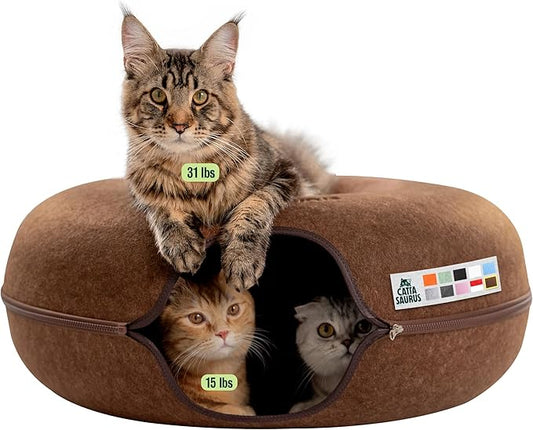 Cattasaurus Peekaboo Cat Cave Donut for Multiple & Large Cats up to 30-45 lbs, 3-in-1 Self Warming Cat Bed, Tunnel & Scratcher for Indoor Cats, Washable & Detachable Small Dog Bed (Brown, Jumbo)