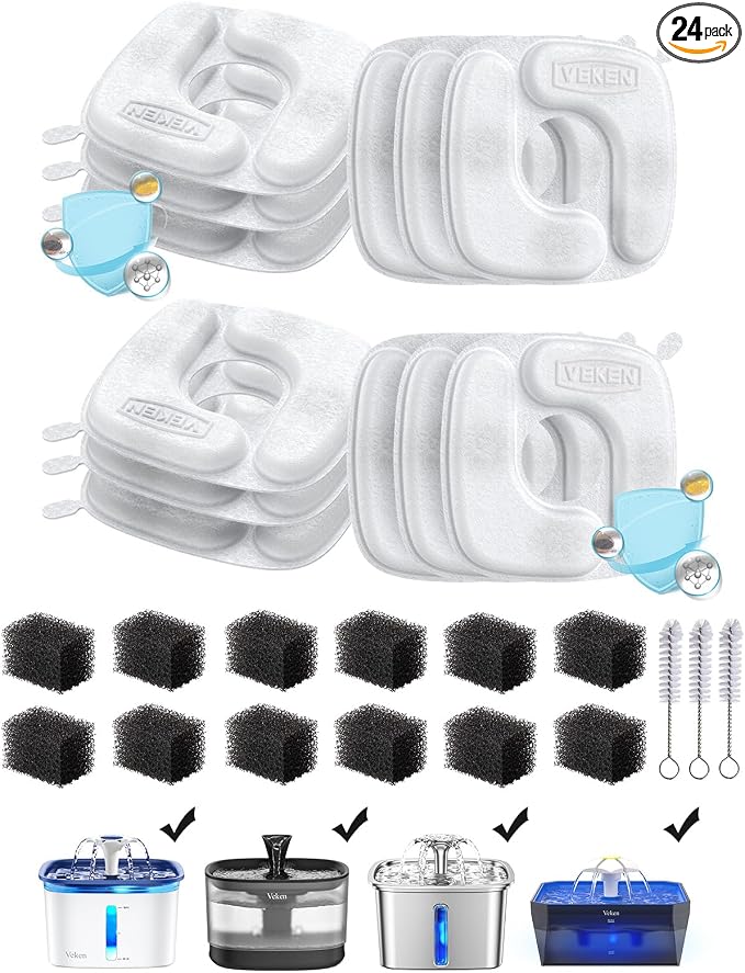 Veken Cat Water Fountain Filters, 12 Pack Replacement Filters & 12 Pack Replacement Pre-Filter Sponges Set for 50oz, 84oz, 95oz or 108oz Automatic Pet Fountain Dog Water Dispenser