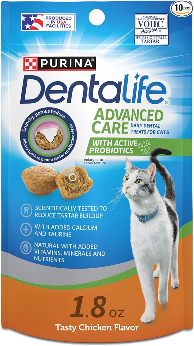 Purina DentaLife Made in USA Facilities Cat Dental Treats, Tasty Chicken Flavor - (Pack of 10) 1.8 oz. Pouches