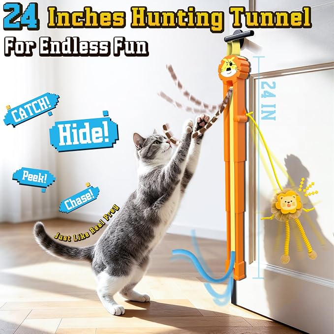 Cat Toys for Indoor Cats, 2 in 1 Door Hanging Cat Toy Interactive Automatic Moving 2 String Tails for Multi-Cat Households, Plush Dangler for Kitten Toys Hide and Seek Motion Activated, 4 Sounds/Off