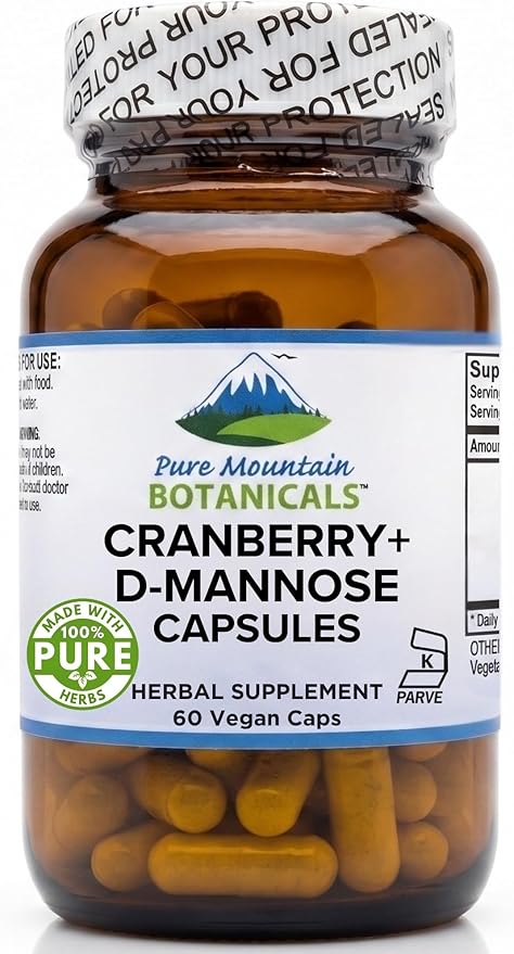 Pure Mountain Botanicals D Mannose with Cranberry Capsules - 60 Count Vegan Kosher - 1000mg D-Mannose for Urinary Tract Health - DMannose 1000mg with Vitamin C for Women and Men