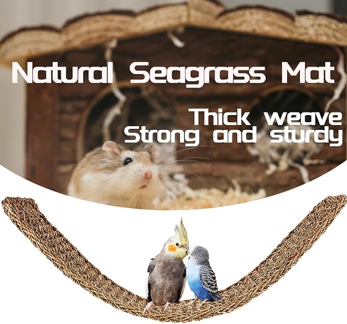 39 x 7 Inches Seagrass Mat, Natural Grass Woven Bird Net Hammock Mat, Climbing Rope Ladder Chew Toy, Cage Accessories for Parrots, Psittacines, Cockatiels, Hamsters, Lovebirds, Mice (2 Pack)