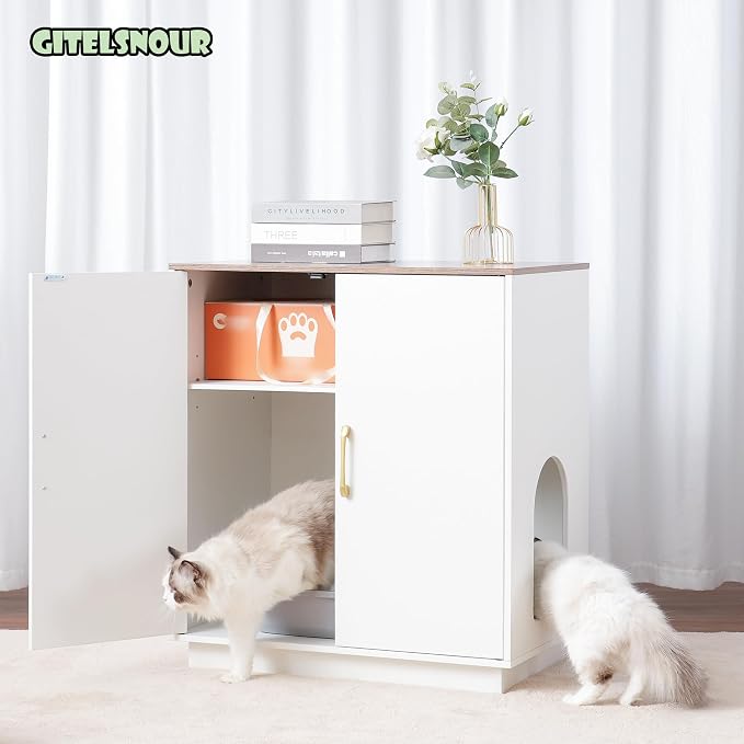 Gitelsnour Litter Box Enclosure, 30.9'' High Large Litter Box Furniture, Modern Cat Litter Box Enclosurewith Hidden Storage, Side Table, End Table, White and Brown GCLB003WWB