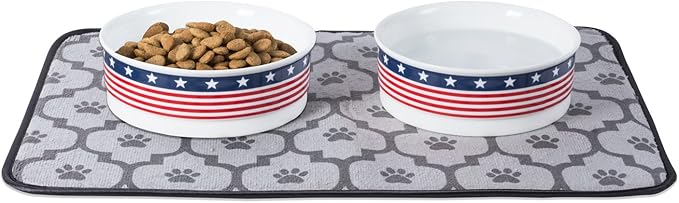 Bone Dry Ceramic Food & Water Bowls for Pets Non-Slip for Secure, Less Messy Feeding, Microwave & Dishwasher Safe, Large Set, 7.5x2.4", Stars and Stripes, 2 Count