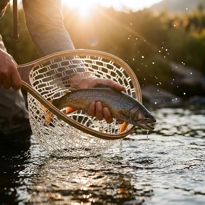 YYKBlueSky Fly Fishing Landing Net - 24" Trout Net, Soft Clear Silicone Mesh for Catch and Release, Durable Wood Frame, Safety Lanyard & Carabiner for Wading, Kayak & Boat Fishing