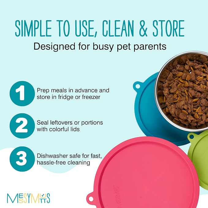Messy Mutts 6-Piece Set | Three Stainless Steel Bowls and Three Colorful Silicone Lids | Sealable Travel Containers | Portable Food/Water Dishes for Pets | Medium, 1.5 Cups
