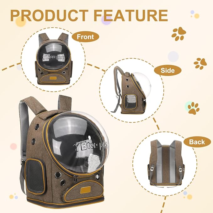 Pet Backpack Carrier, Portable and Ventilated, Oxford Cloth, Dog Cat Travel Bag with Transparent Cover 12.6", (Brown, 1 Pcs), Intended for Hiking/Camping/Traveling