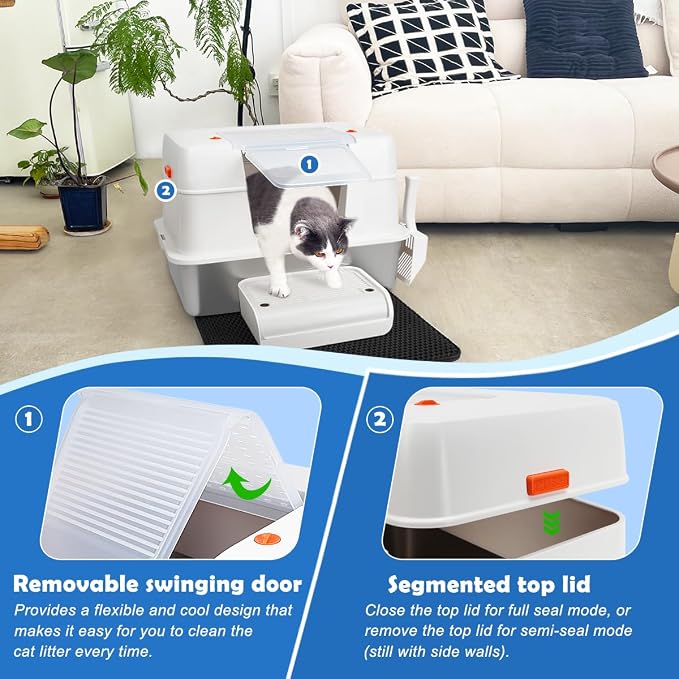 SZEE Stainless Steel Litter Box with Lid, Easy to Clean and NO Absorb Odor, Extra Large Litter Box with Open/Enclosed Modes, Includes Litter Scoop, Litter Mat & Trapping Box
