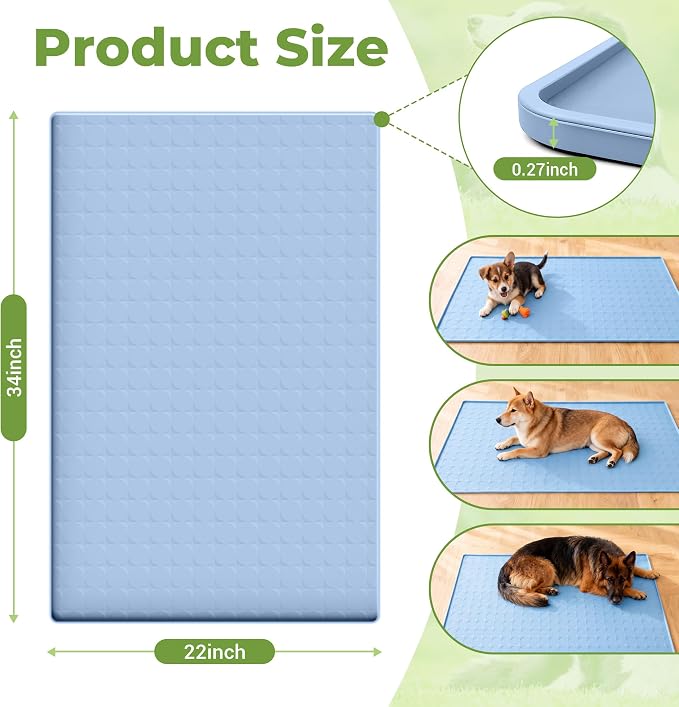 Extra Large 34x22 Inch Machine Washable Silicone Pet Food Mat - Waterproof Dog & Cat Bowl Mat with Raised Edge, Non-Slip Floor Protector for Large Dogs, Multi-Pet Homes (Blue)