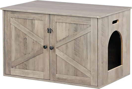 Timberer Cat Litter Box Enclosure, Litter Box Furniture Hidden with Removable Divider, Wooden Cat Washroom Furniture, Greige