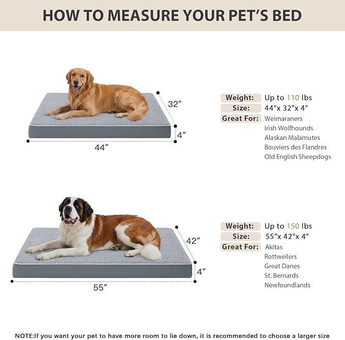 LEXTRO Giant Waterproof Orthopedic Dog Bed for Large Size Dogs, 55x42 Oversized Dog Bed Washable with Removable Washable Cover, Big Comfortable Dogs Mat, Gray