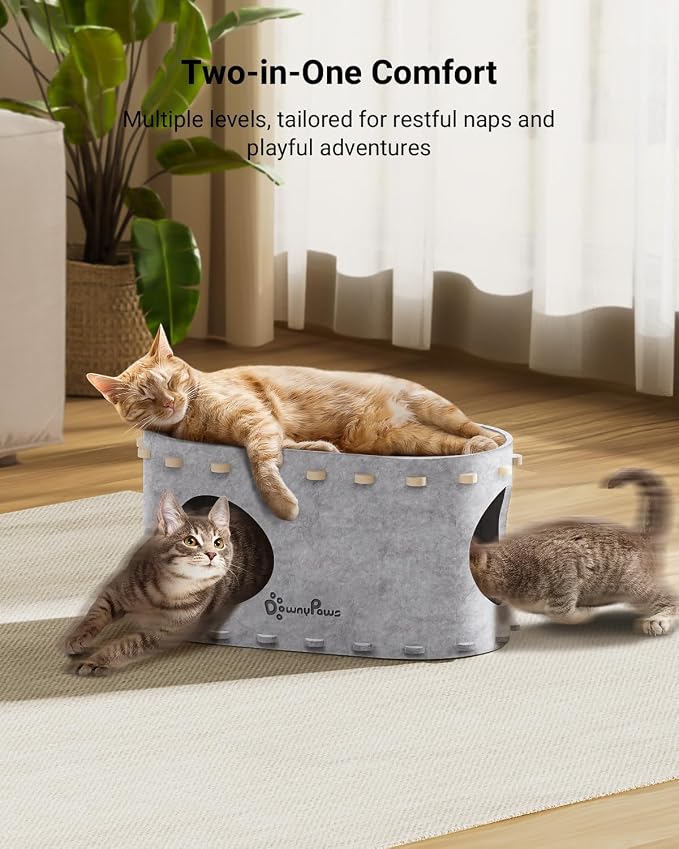 DownyPaws Cat House for Indoor Cats, Cat Bed Cave for Multiple & Large Cats Up to 22 Lbs, Scratch Resistant Peekaboo Cat Caves, Foldable Cat Tunnel Enclosed Bed, PeekaPurr, Cream and Marble