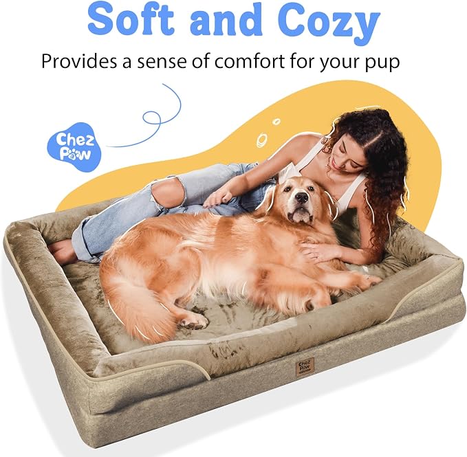 Chez Paw Orthopedic Dog Bed for Medium & Large Dogs, Waterproof Egg-Crate Foam Dog Bed with Removable Washable Cover, 4-Sided Bolster Support & Non-Slip Bottom, Brown 36"x27"x7"
