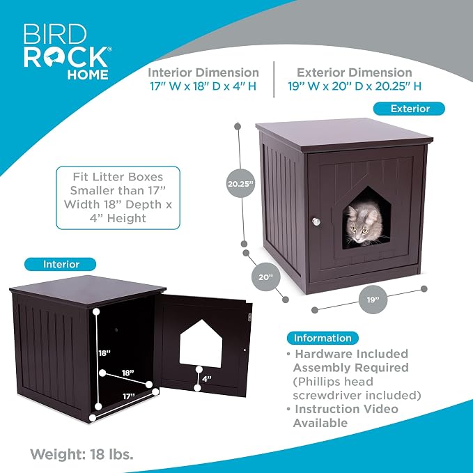 BIRDROCK HOME Cat Litter Box Furniture Enclosure - Hidden Kitty Litter Cat House with Hinged Door, Nightstand, Side Table & Pet Crate, Indoor & Outdoor Wood Cabinet for Small Cats and Dogs - Espresso