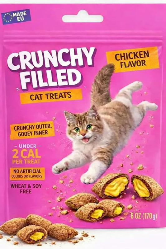 Calming Cat Treats for Indoor Cats – Crunchy Pillow Bites Gooey Center – Chicken Low Calorie Kitty Treats – Cat Snacks Food Topper Training Wheat Soy Free Healthy Dental – 6oz (Packaging May Vary)
