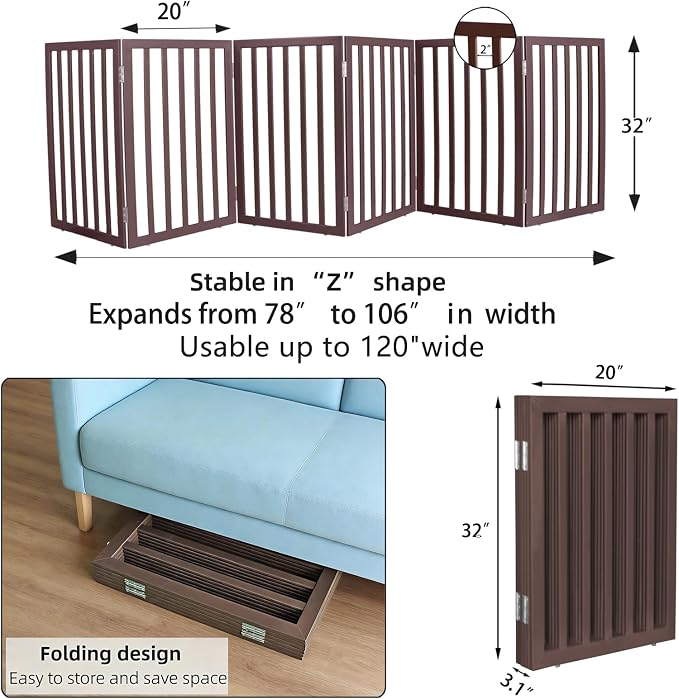Dog Gate Indoor, Freestanding Dog Fence for The House, Doorways, Hallways,or Stairs,Pet Gate Foldable Wooden,Expandable 32" Height 6 Panels,Brown