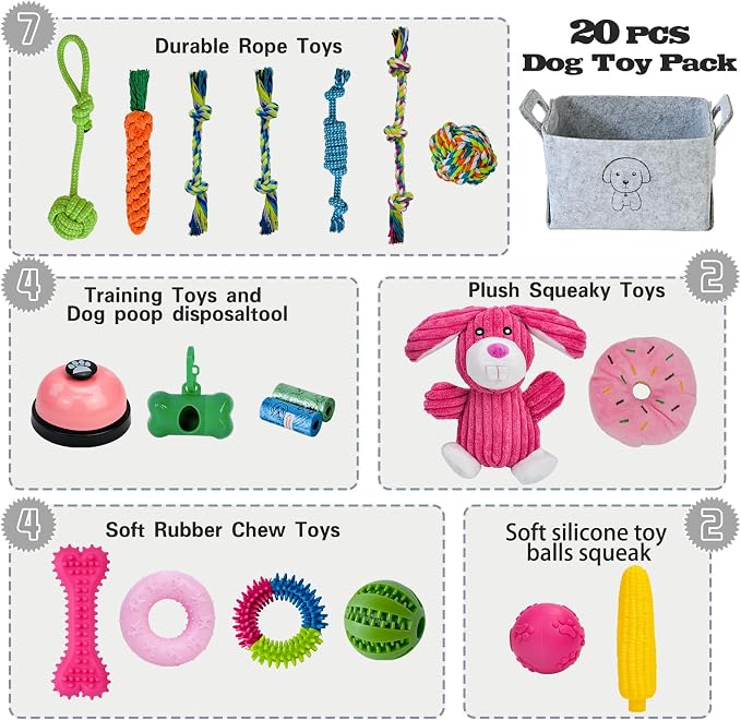 MRSOHRET 20Pcs Puppy Chew Toys for Teething, Dog Chew Rope Toys, Pet Dog Toothbrush, Treat Balls, Plush Squeaky Toy for Small Medium Dogs with Basket