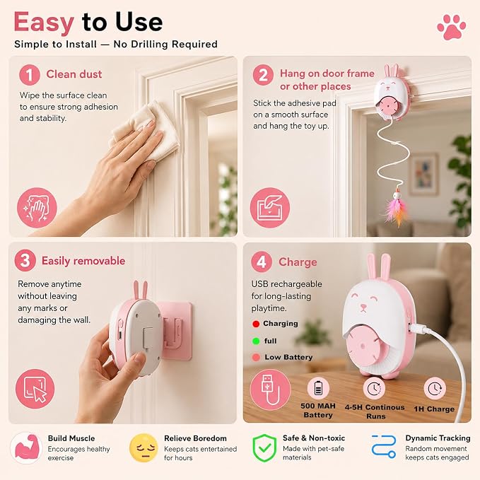 Interactive Cat Toys for Indoor Cats,Automatic Hanging Door Cat Teaser Toy with 6 accessories,2 Modes,Auto Pause & USB Rechargeable Electric Cat Chase Toy,Durable Safe for Bored Adult Kitten-Pink