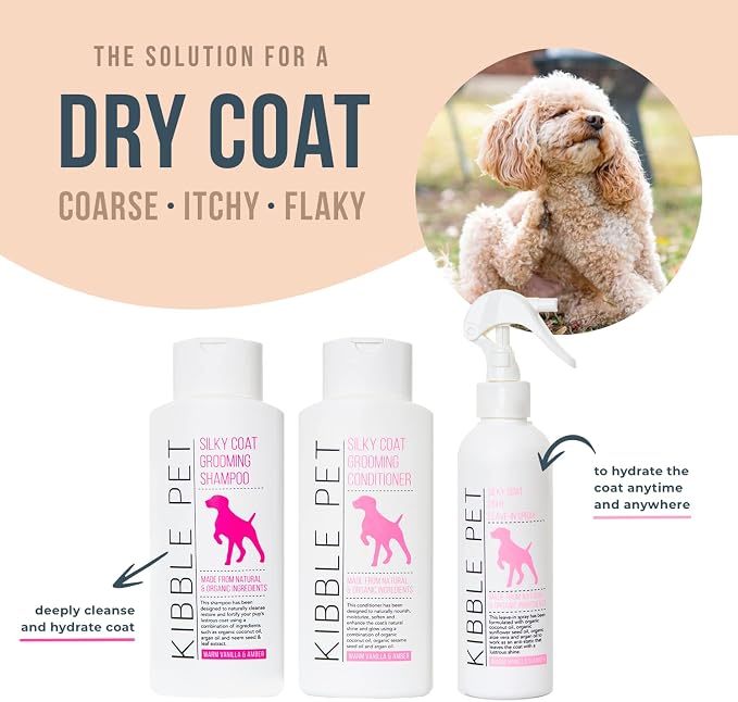 Kibble Pet Silky Coat Light Leave-in Conditioner Spray for Dogs, Salon-Quality Post-Bath Step Before Blowdrying, Organic Argan & Coconut Oil Formula, Warm Vanilla & Amber Scent, Made in USA, 7.1 oz