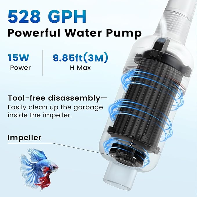 hygger Battery Powered Aquarium Vacuum Gravel Cleaner, 6 in 1 Automatic Fish Tank Vacuum Handle Control, Powerful Gravel Vacuum for Aquarium, Water Changer Sand Washer Water Filter Adjustable Length