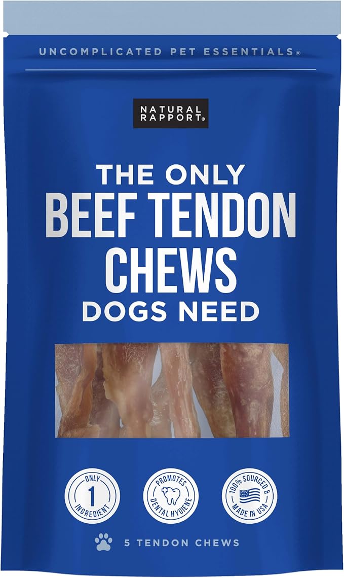 Natural Rapport Beef Tendon Dog Chews - Single Ingredient, Long Lasting, Promotes Dental Health & Joint Support (5 Count)