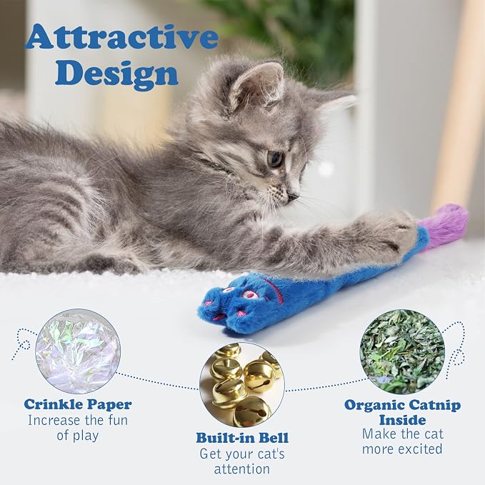 Pawaboo Interactive Cat Toy with Running Mouse, 2 Pack Catnip Toys with Bell and Crinkle Paper