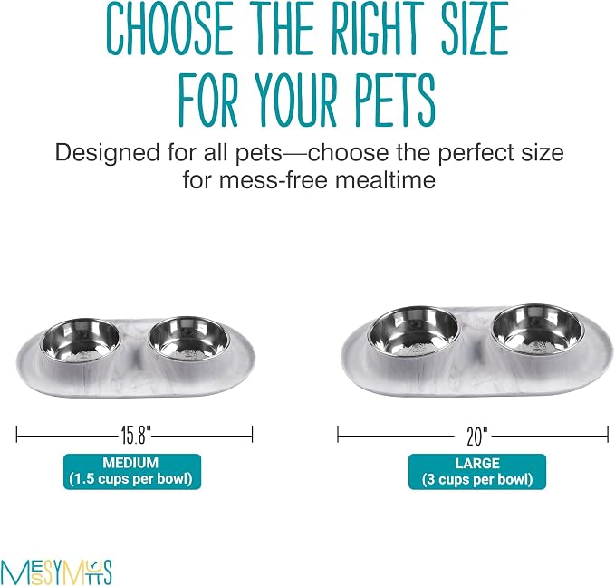 Messy Mutts Double Silicone Feeder with Stainless Bowls | Non-Skid Food Dishes for Dogs for All Pets | Dog Food Bowls | Medium, 1.5 Cups Per Bowl | Marble