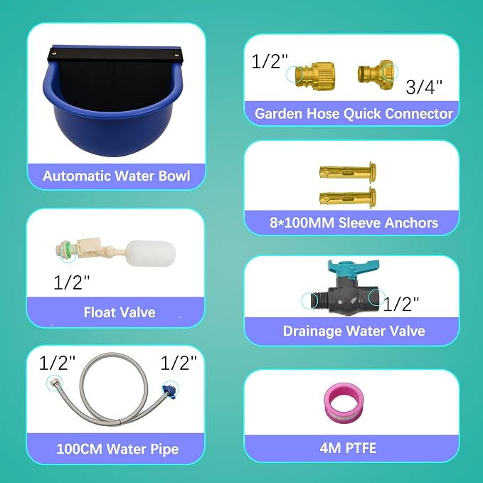 Automatic Water Dispenser for Dogs with Drain Hole & Drain Valve, 1 Gallon Auto Dog Water Bowl Outdoor with Float Valve, Hose Quick Connect Fitting, for Livestock, Chicken, Horse (Blue)