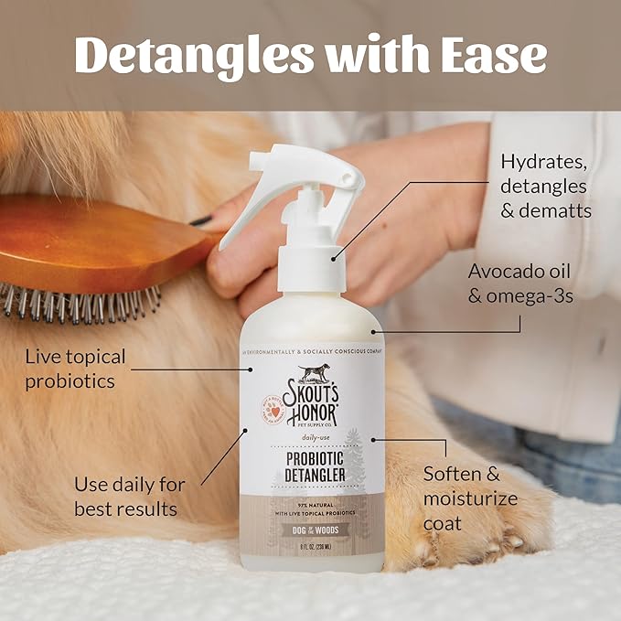 Skout's Honor Probiotic Pet Detangler Spray - Hydrating & Conditioning with Avocado Oil, 97% Natural, Paraben & Sulfate-Free, softens for a brushable Coat, Daily Use, 8oz, Dog of the Woods, 2-Pack