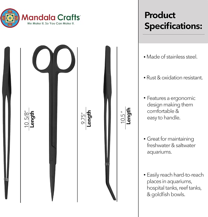 Mandala Crafts Black Stainless Steel Aquascaping Tools Kit – Aquarium Plant Tools with Tweezers and Scissors for Fish Tanks, Hospital Tanks, Goldfish Bowls, Aquariums, and Terrariums