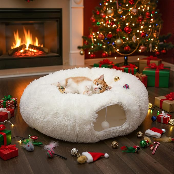 Thyle Christmas Cat Tunnel Bed Under Christmas Tree for Indoor Cats Xmas Pet Donut Tunnel with Cushion Foldable Round Pet Toy for Small Animals Kitten(3ft X 3ft X 9.8in,White,Plush)