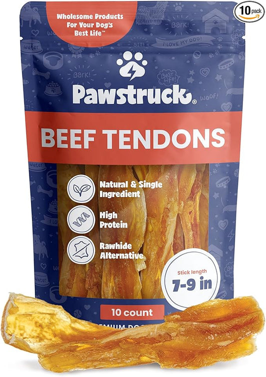 Pawstruck Natural 7-9” Beef Tendon Chew Sticks for Dogs – Premium Rawhide-Free, Single Ingredient, High Protein, Low Odor Dental Treat – 10 Count – Packaging May Vary